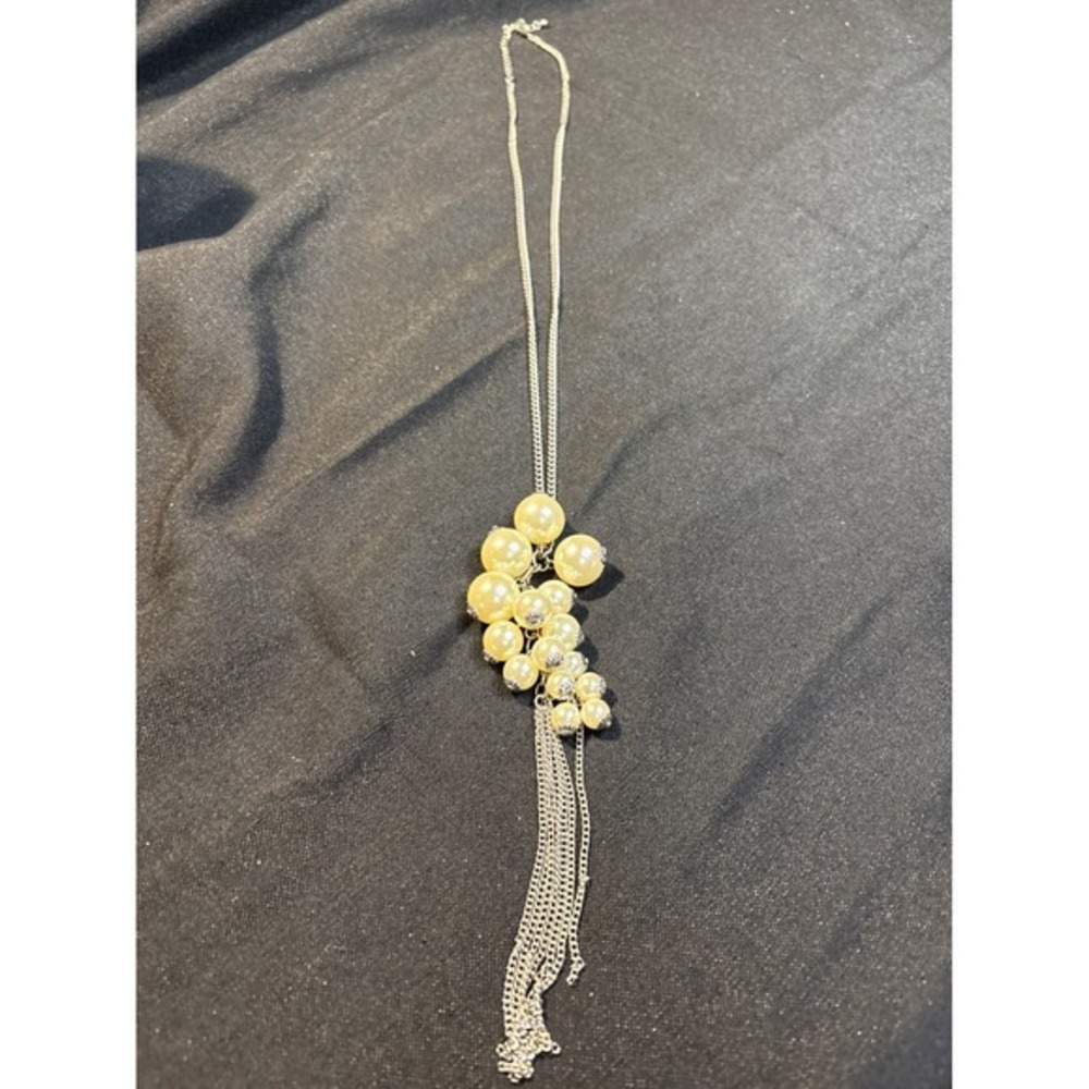 Chic Pearl Cluster Pendant Necklace Silver Tone Chain Tassel Drop‎